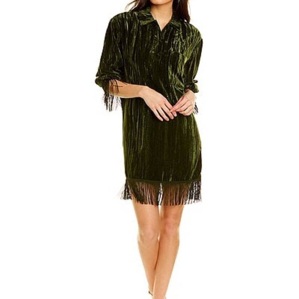Velvet Fringe Shirt Dress Emerald Size Small